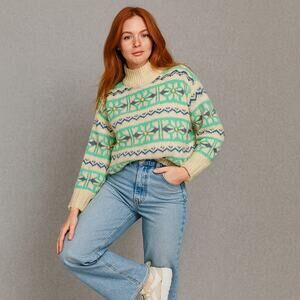 American Eagle Oversized Fair Isle Mock Neck Sweater Green Cream Floral Women S